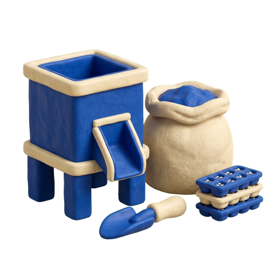 Seed supplier illustration in blue and ivory clay