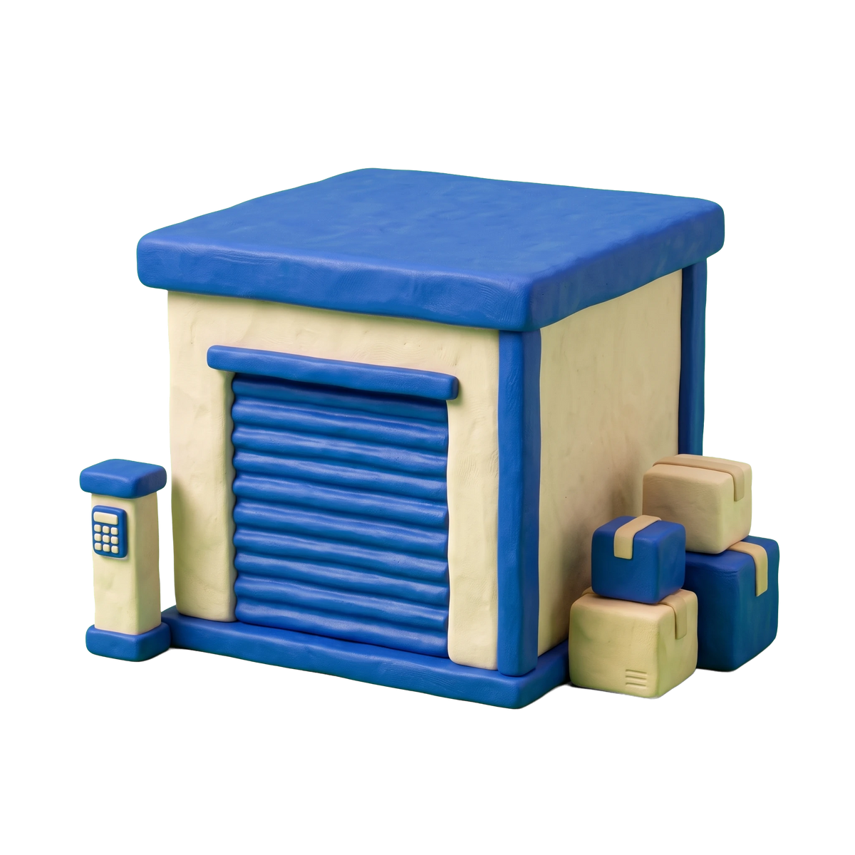 Self-storage facility illustration in blue and ivory clay