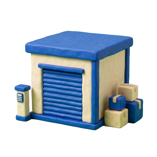 Self-storage facility illustration in blue and ivory clay