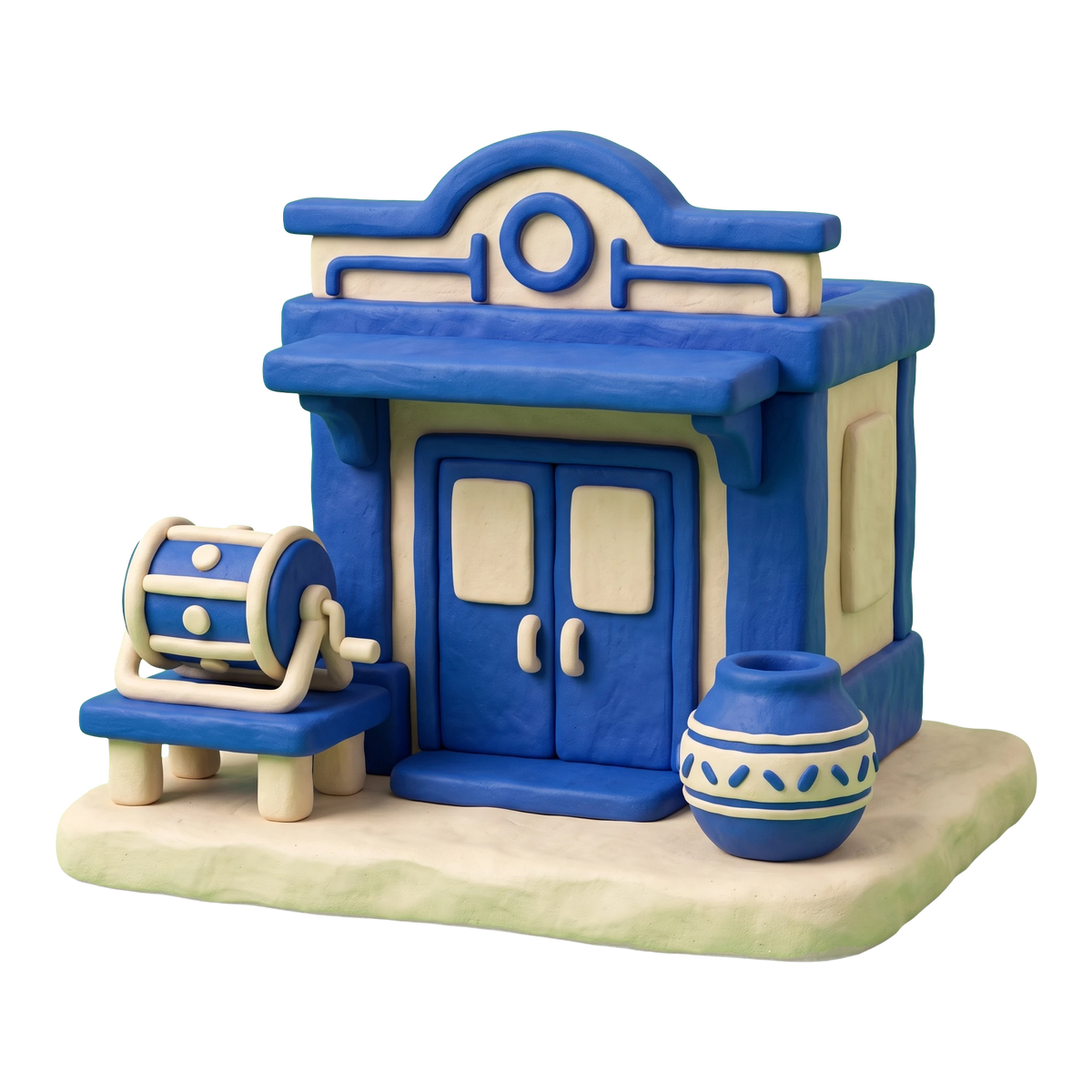 Senior citizen center illustration in blue and ivory clay