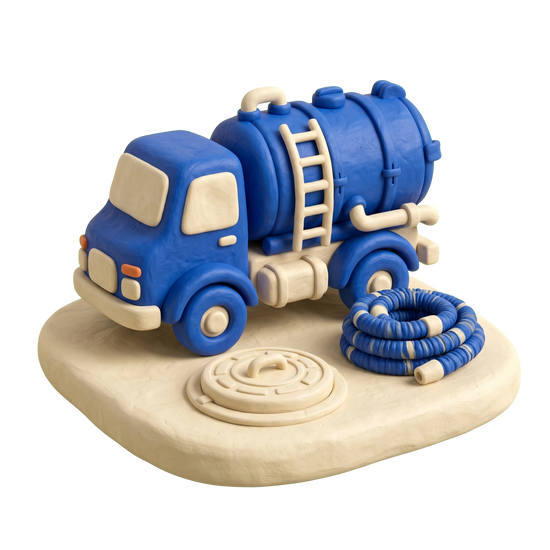 Septic system service illustration in blue and ivory clay