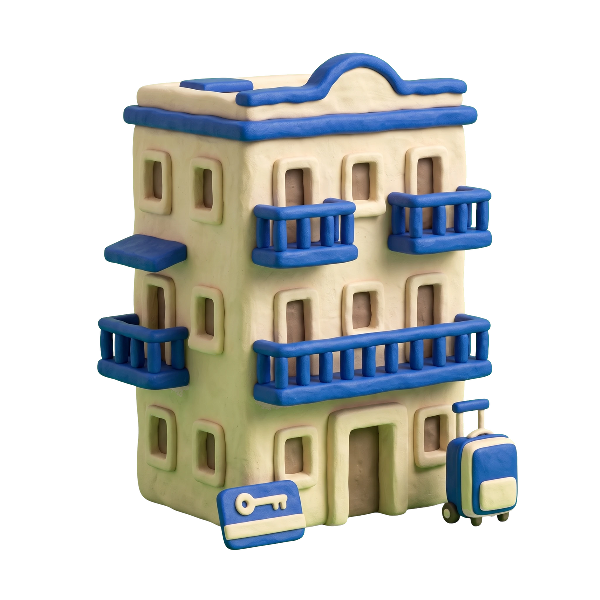 Serviced accommodation illustration in blue and ivory clay