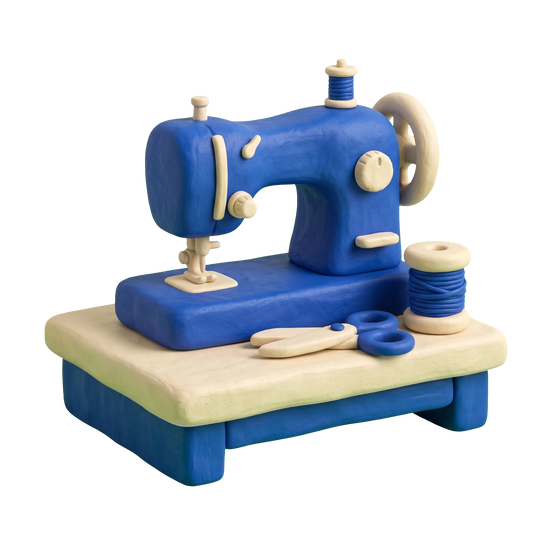 Sewing company illustration in blue and ivory clay