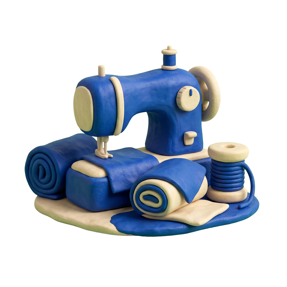 Sewing machine store illustration in blue and ivory clay