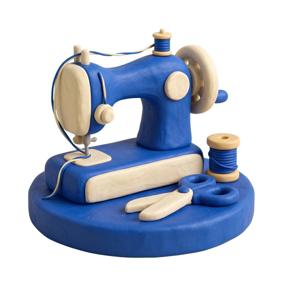 Sewing shop illustration in blue and ivory clay