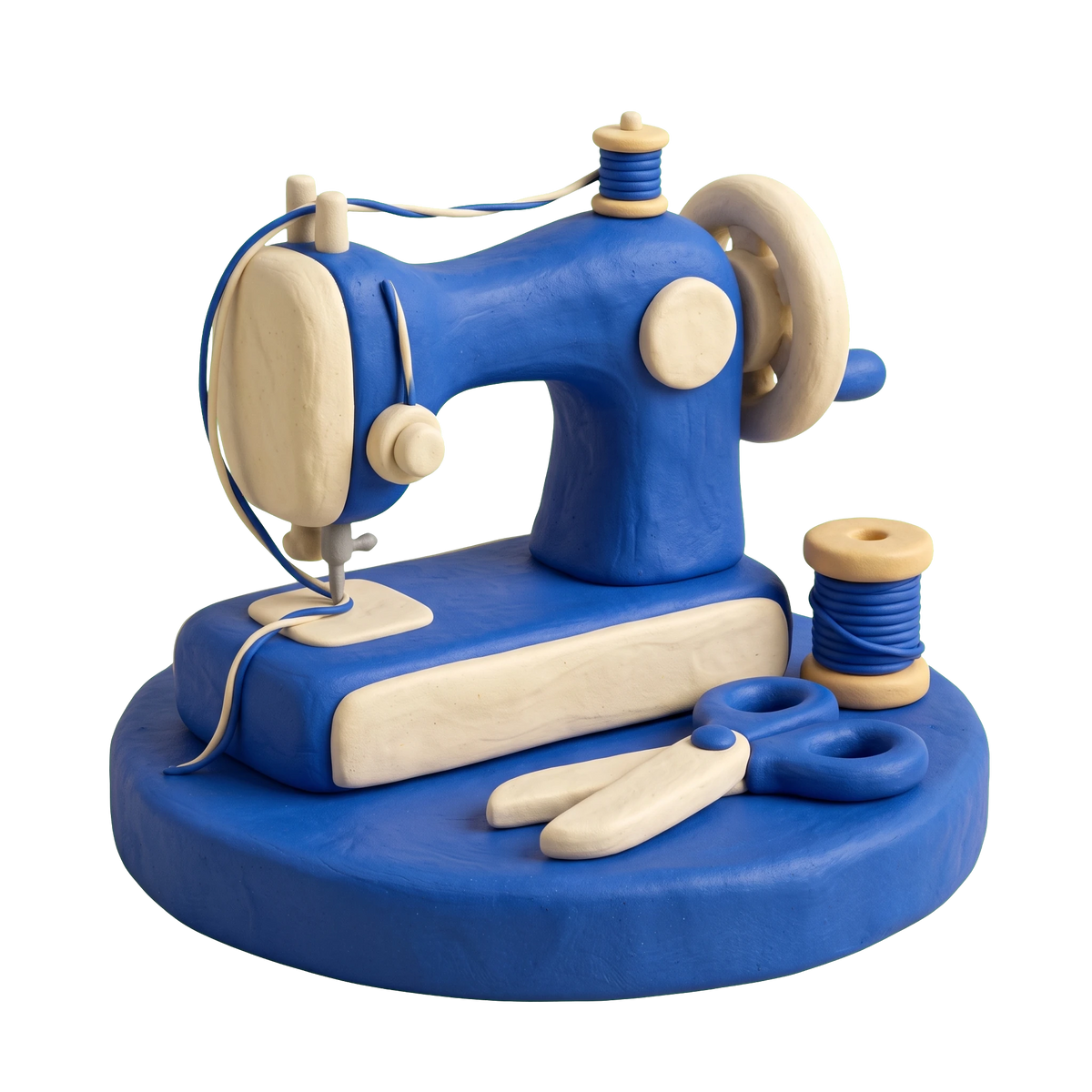Sewing shop illustration in blue and ivory clay