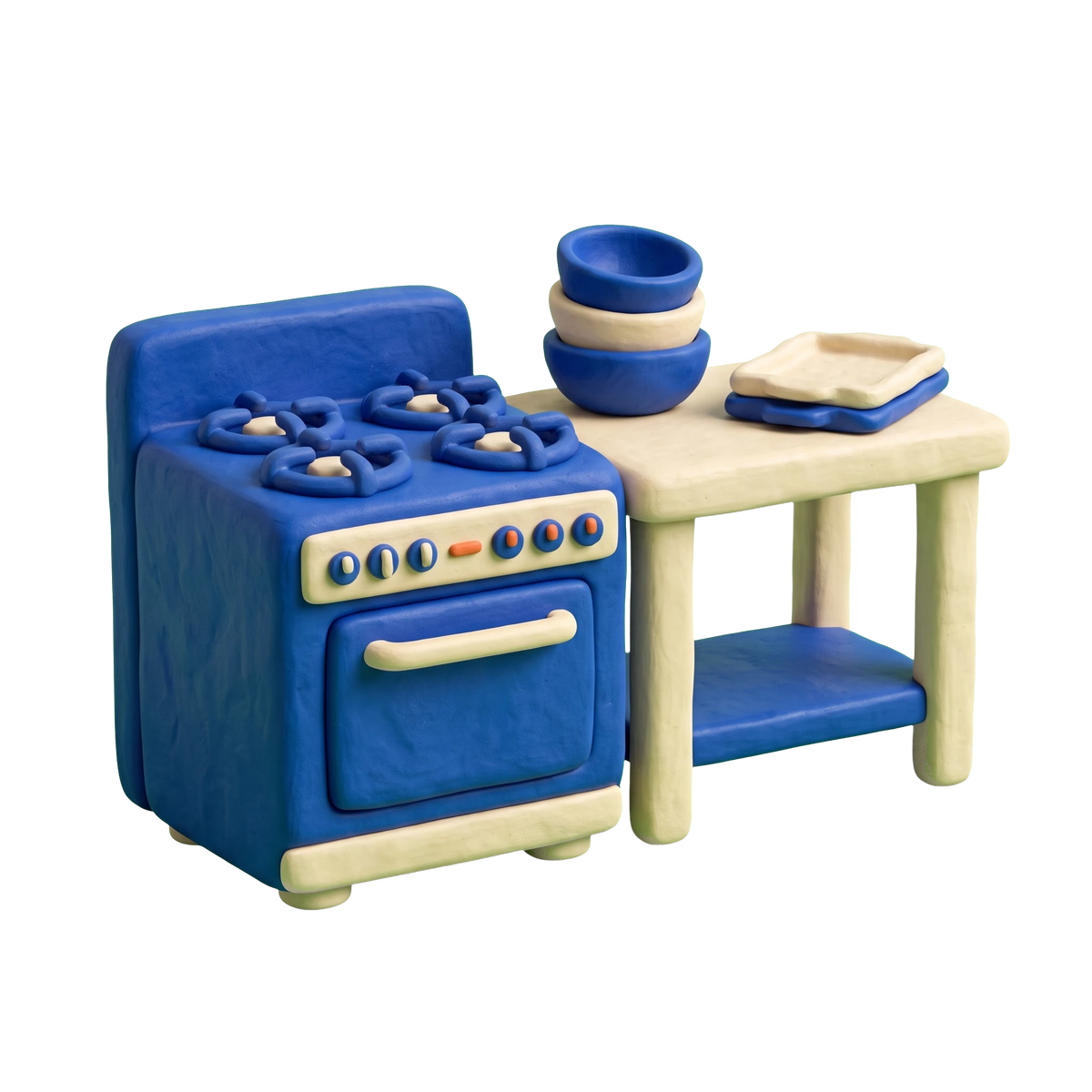 Shared-use commercial kitchen illustration in blue and ivory clay