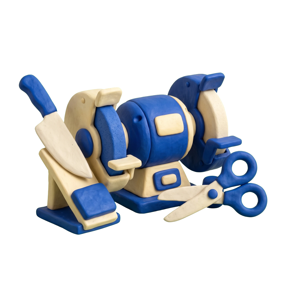 Sharpening service illustration in blue and ivory clay