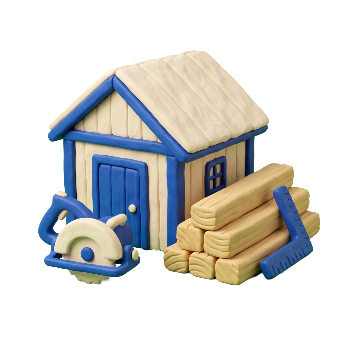 Shed builder illustration in blue and ivory clay