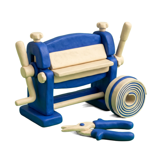 Sheet metal contractor illustration in blue and ivory clay