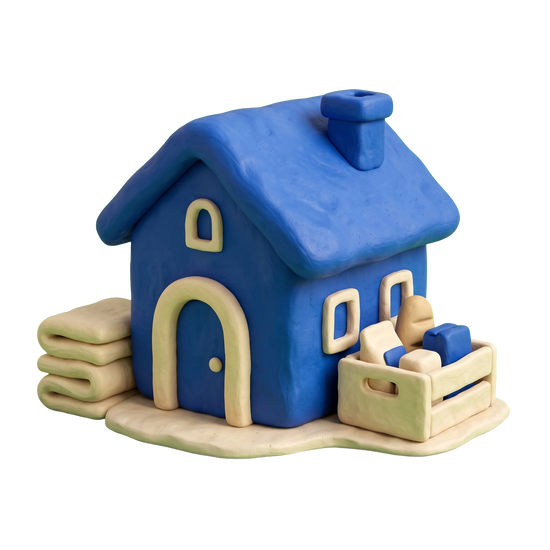 Shelter illustration in blue and ivory clay