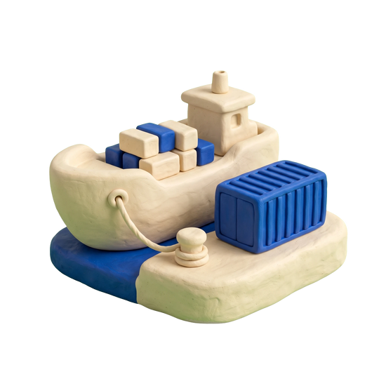 Shipping company illustration in blue and ivory clay