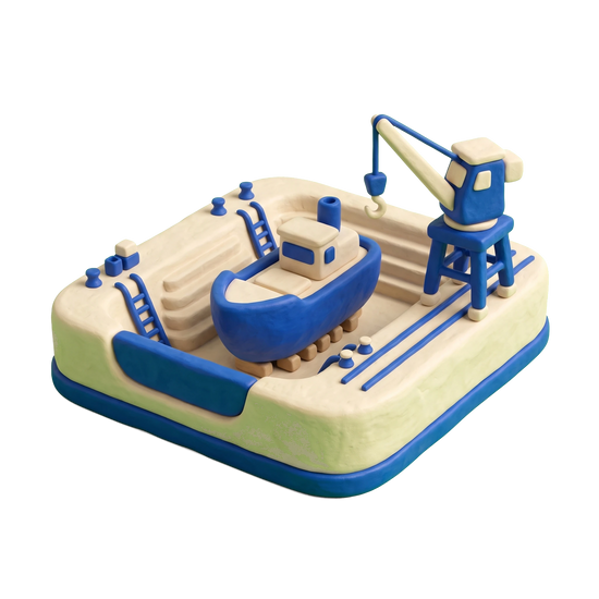 Shipyard illustration in blue and ivory clay
