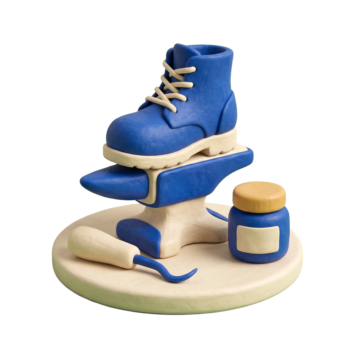 Shoe repair shop illustration in blue and ivory clay