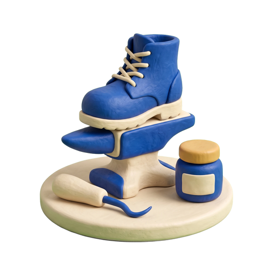 Shoe repair shop illustration in blue and ivory clay