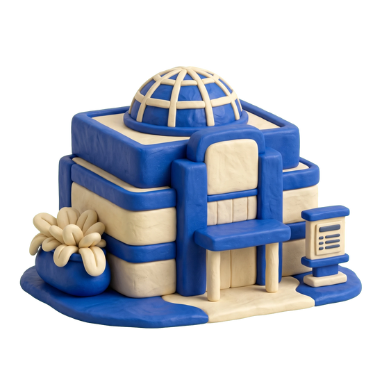 Shopping mall illustration in blue and ivory clay