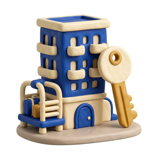 Short term apartment rental agency illustration in blue and ivory clay