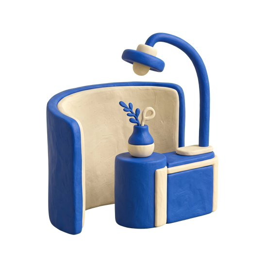 Showroom illustration in blue and ivory clay