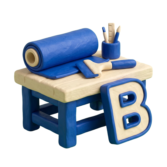 Sign shop illustration in blue and ivory clay