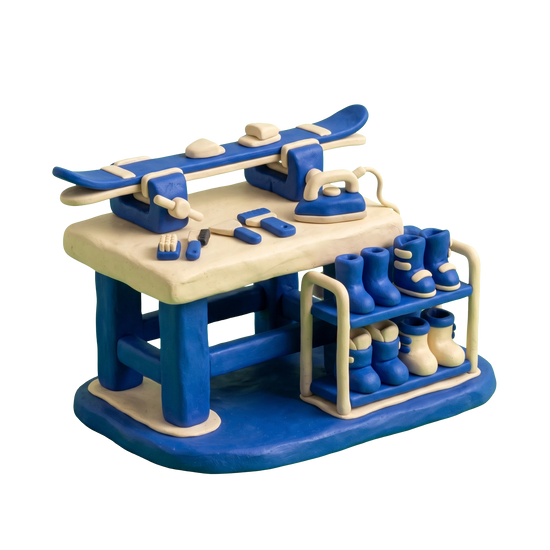 Ski shop illustration in blue and ivory clay