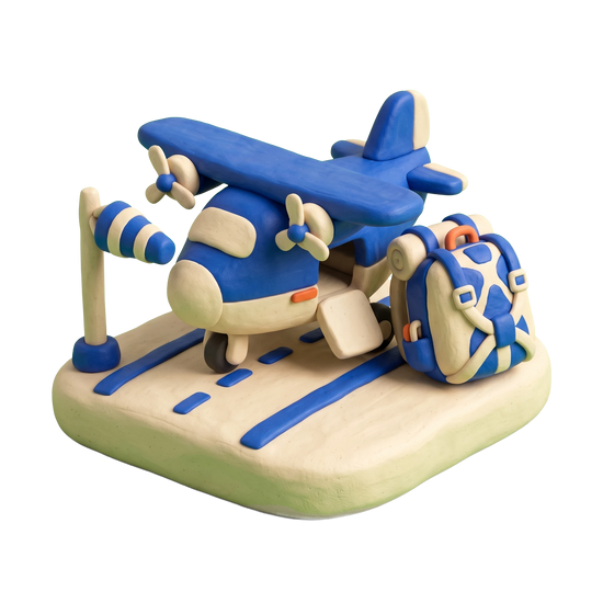 Skydiving center illustration in blue and ivory clay