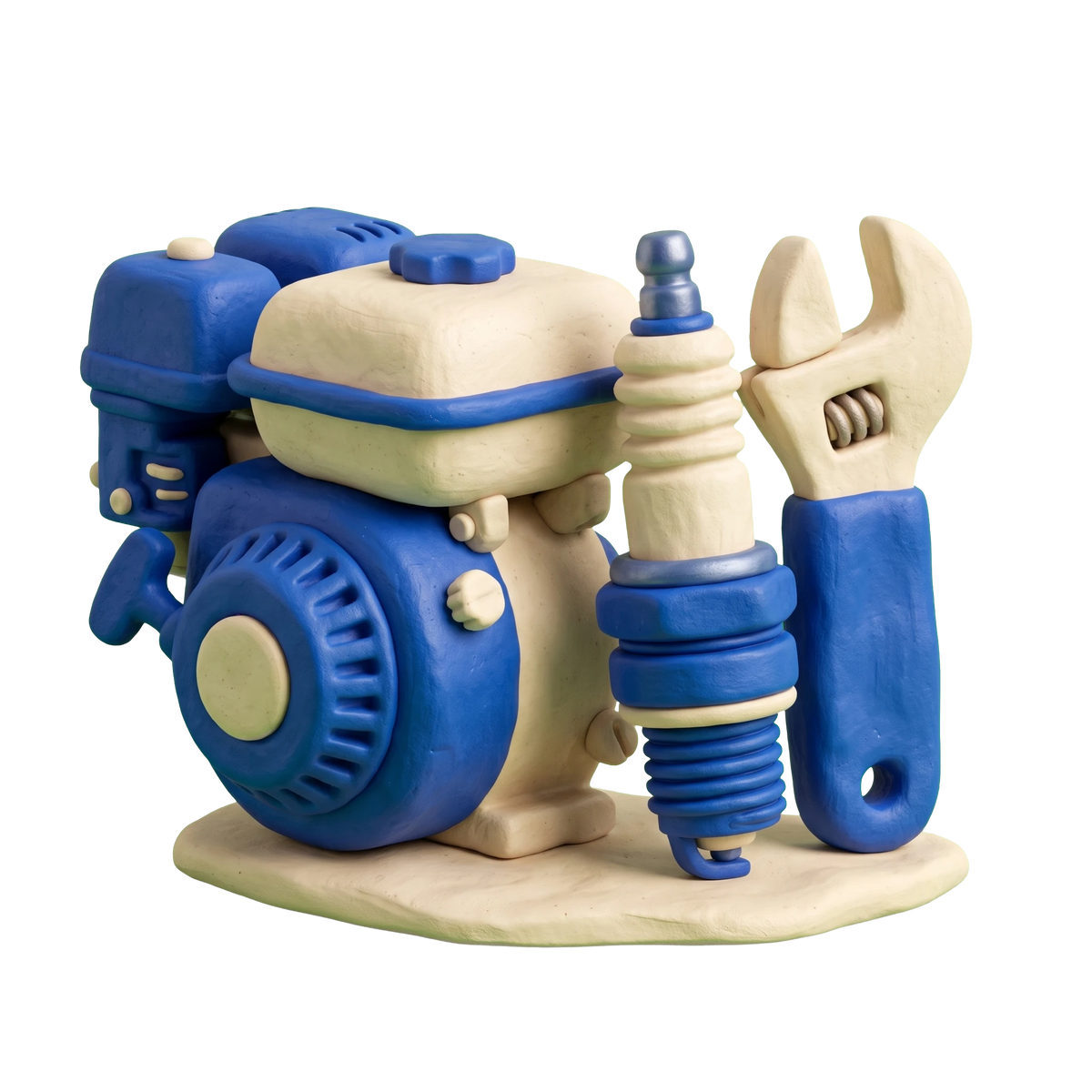 Small engine repair service illustration in blue and ivory clay