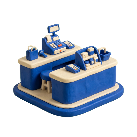 Smoke shop illustration in blue and ivory clay