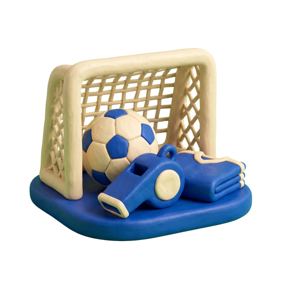 Soccer store illustration in blue and ivory clay