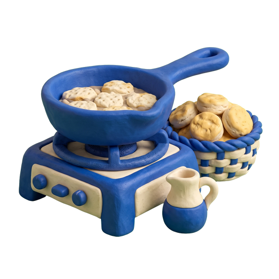 Soul food restaurant illustration in blue and ivory clay