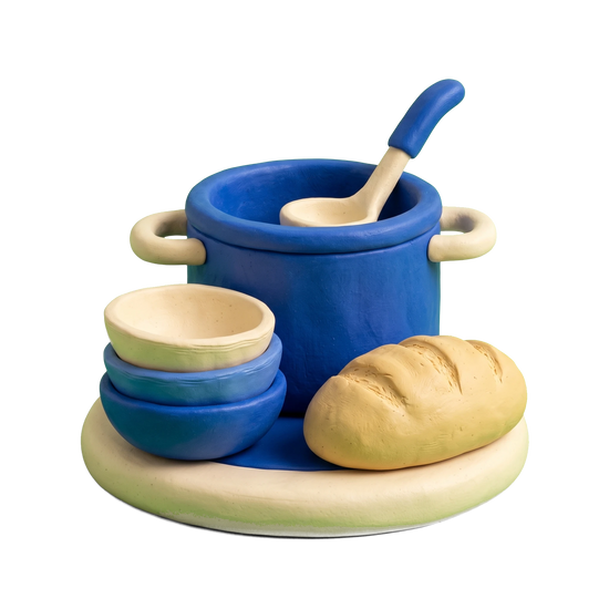 Soup kitchen illustration in blue and ivory clay