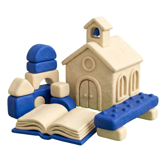 Special education school illustration in blue and ivory clay