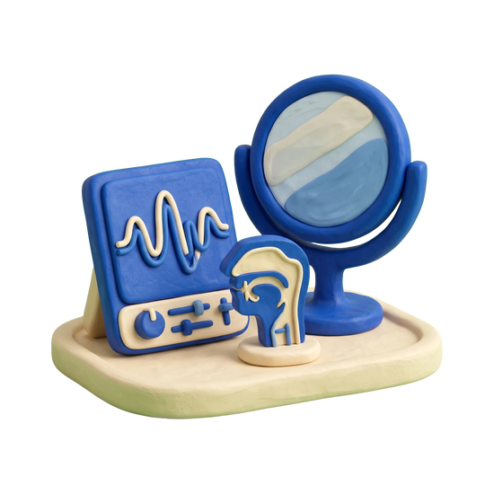 Speech pathologist illustration in blue and ivory clay