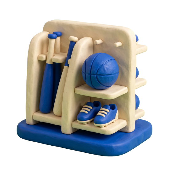 Sporting goods store illustration in blue and ivory clay