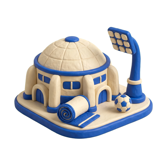 Sports complex illustration in blue and ivory clay