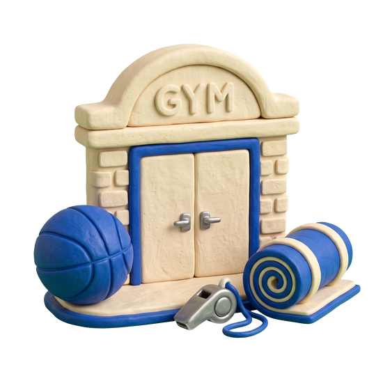 Sports school illustration in blue and ivory clay