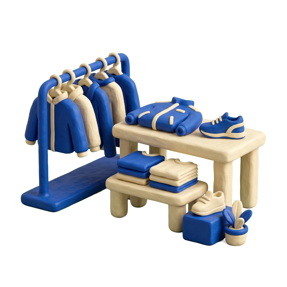 Sportswear store illustration in blue and ivory clay