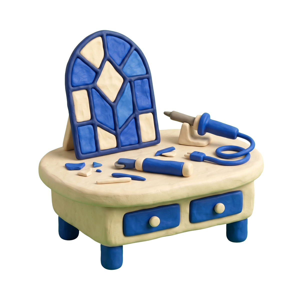 Stained glass studio illustration in blue and ivory clay