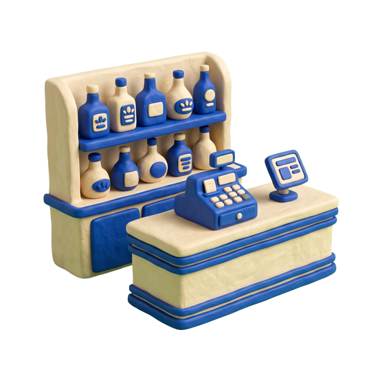 State liquor store illustration in blue and ivory clay