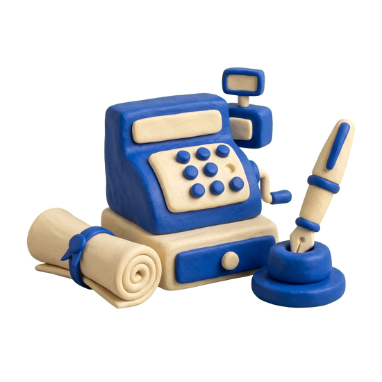 Stationery store illustration in blue and ivory clay