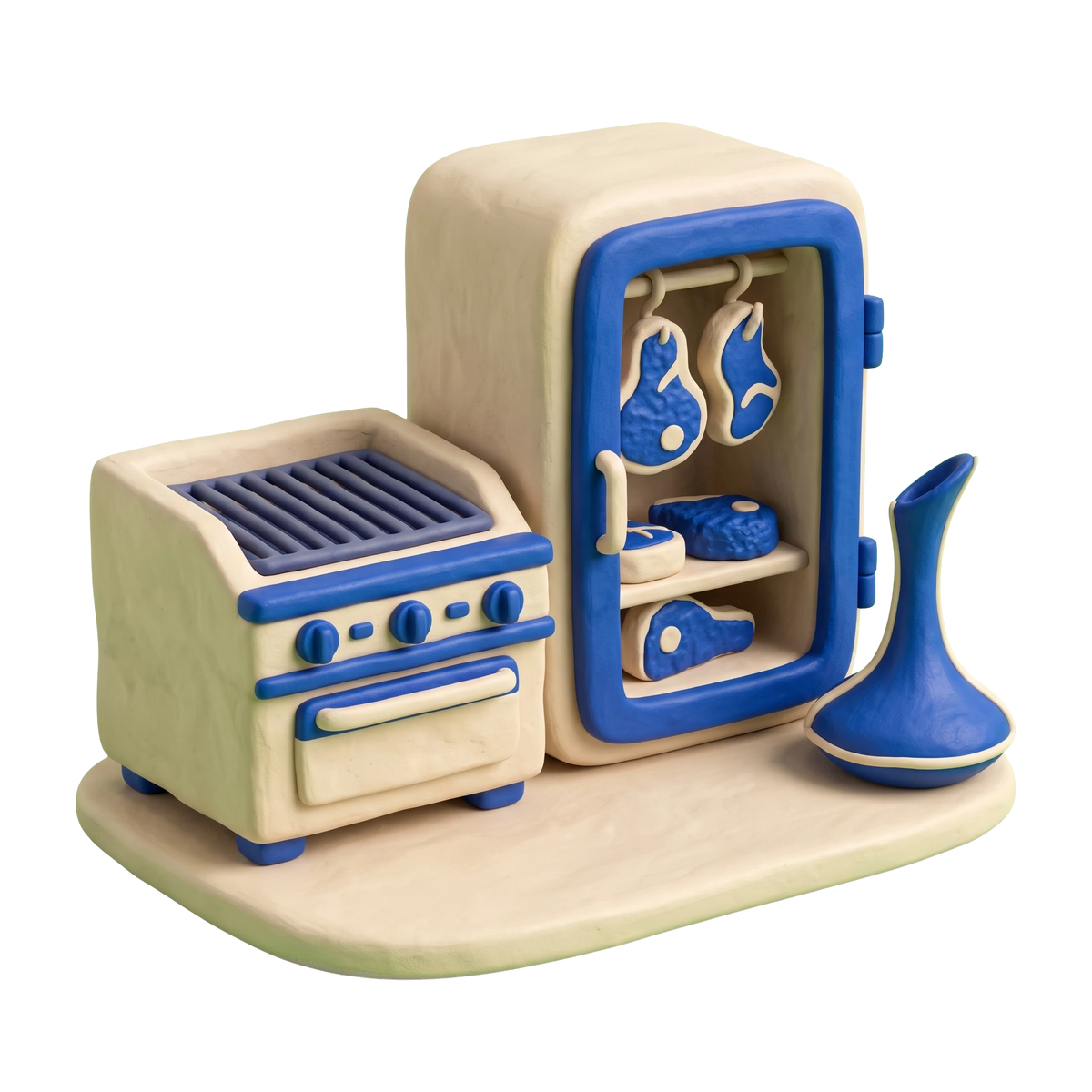 Steak house illustration in blue and ivory clay