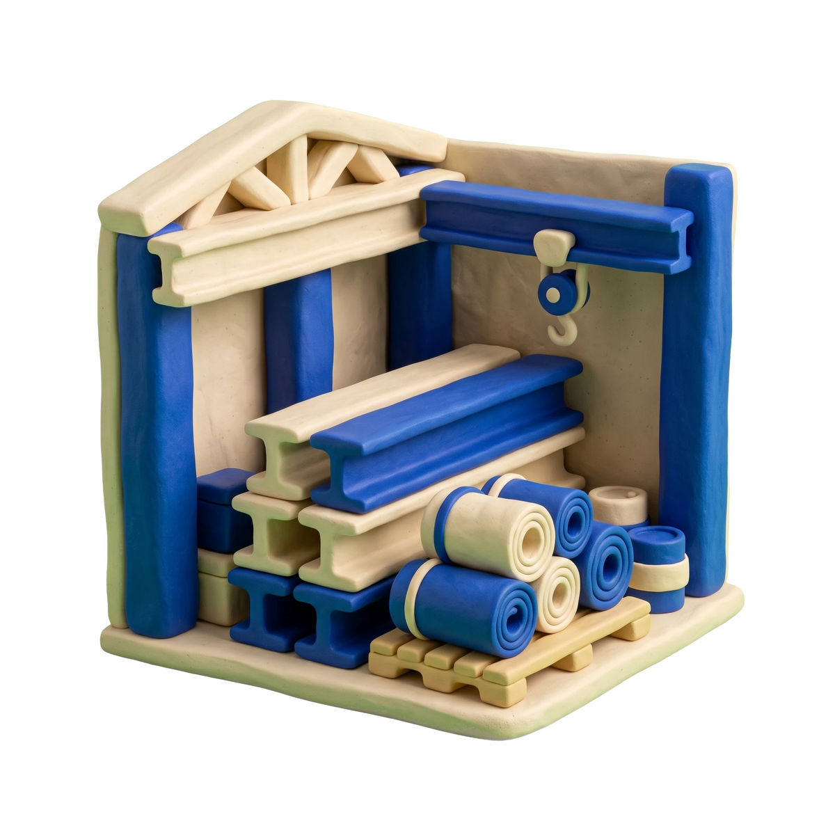 Steel distributor illustration in blue and ivory clay