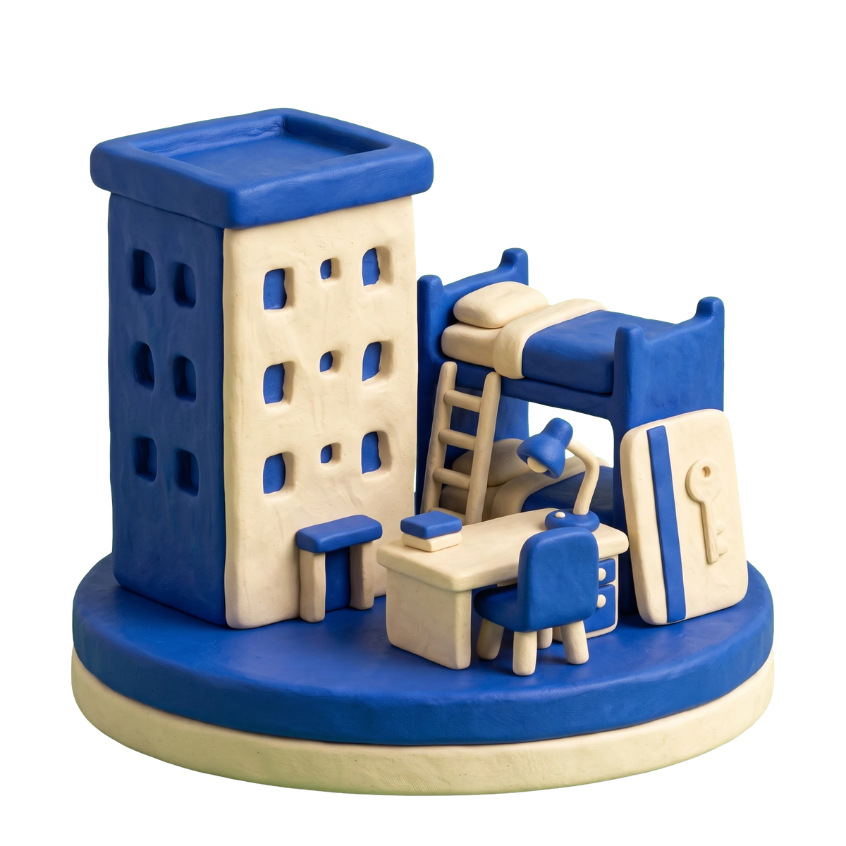 Student dormitory illustration in blue and ivory clay