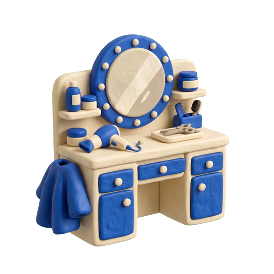 Stylist illustration in blue and ivory clay