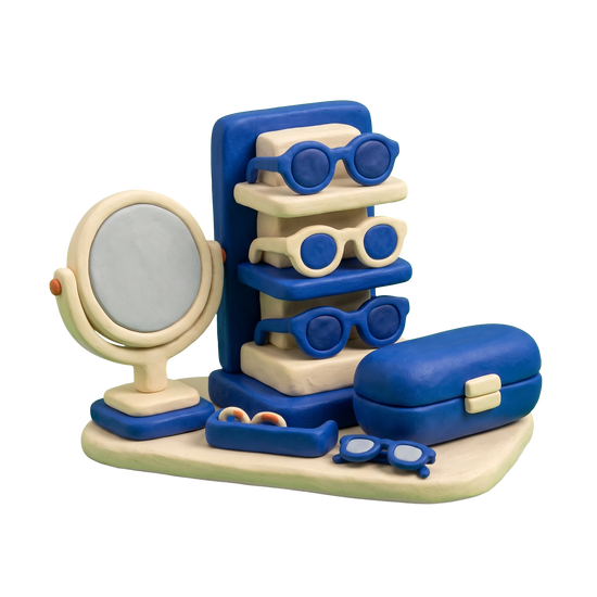 Sunglasses store illustration in blue and ivory clay
