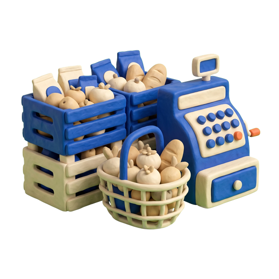 Supermarket illustration in blue and ivory clay