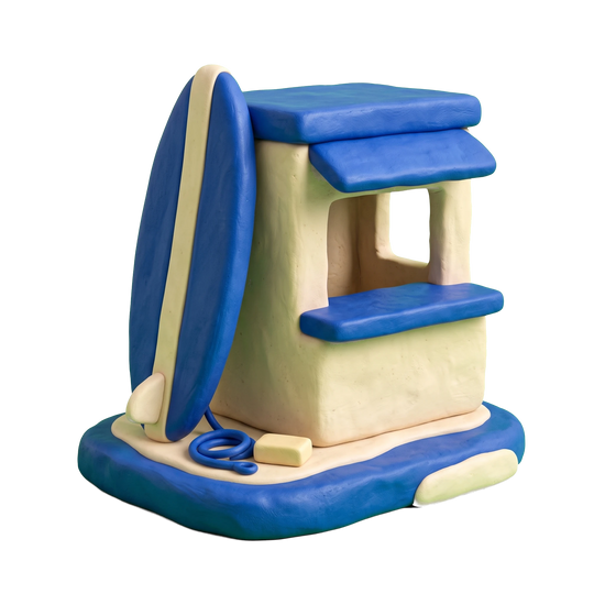 Surf shop illustration in blue and ivory clay
