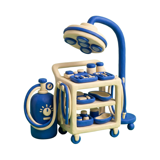 Surgical center illustration in blue and ivory clay