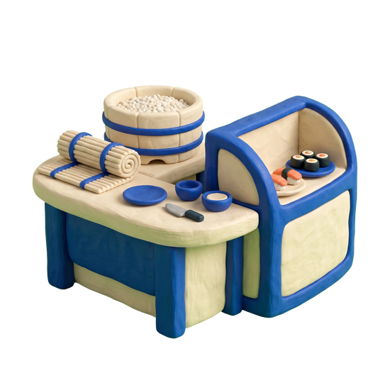 Sushi takeaway illustration in blue and ivory clay
