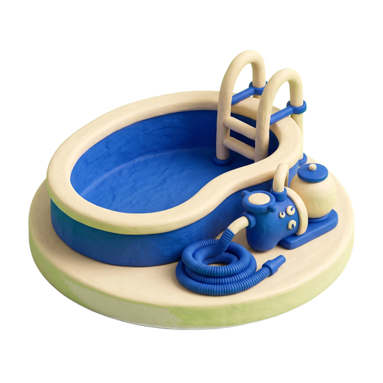 Swimming pool contractor illustration in blue and ivory clay