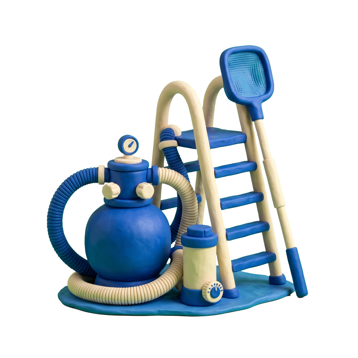 Swimming pool supply store illustration in blue and ivory clay